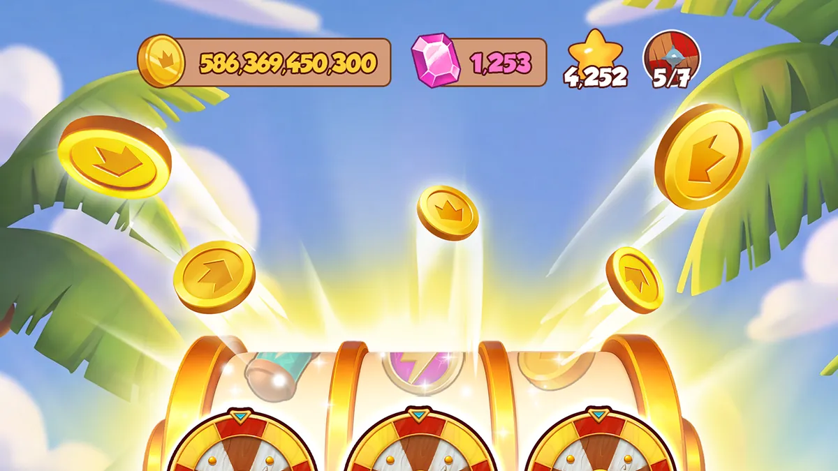 Coin Master : des pièces d'or jaillissent de la machine sous un compteur de 586 369 450 300 pièces