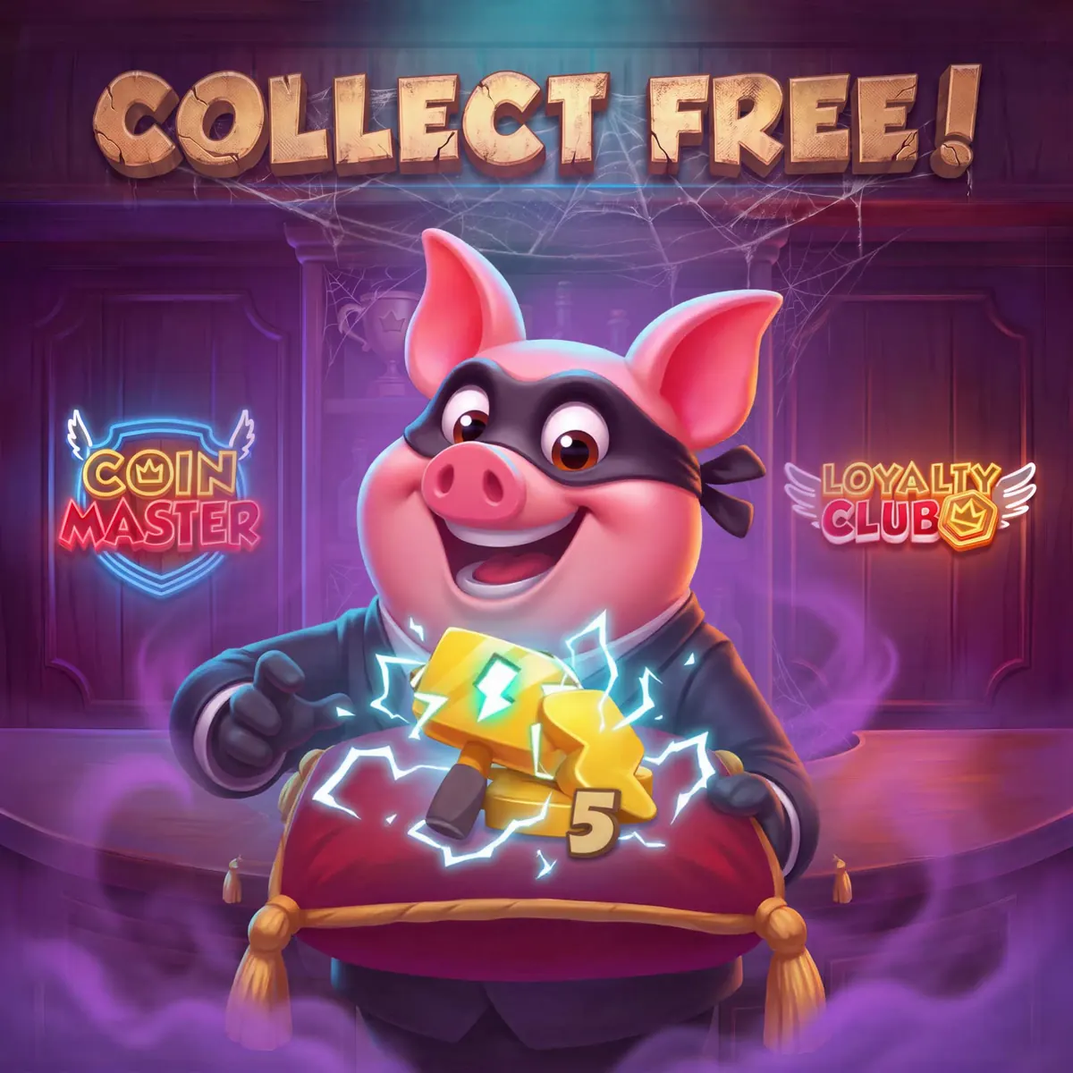 Visuel officiel du Club de fidélité Coin Master : un cochon masqué tient une carte dorée sous l'inscription Collect Free