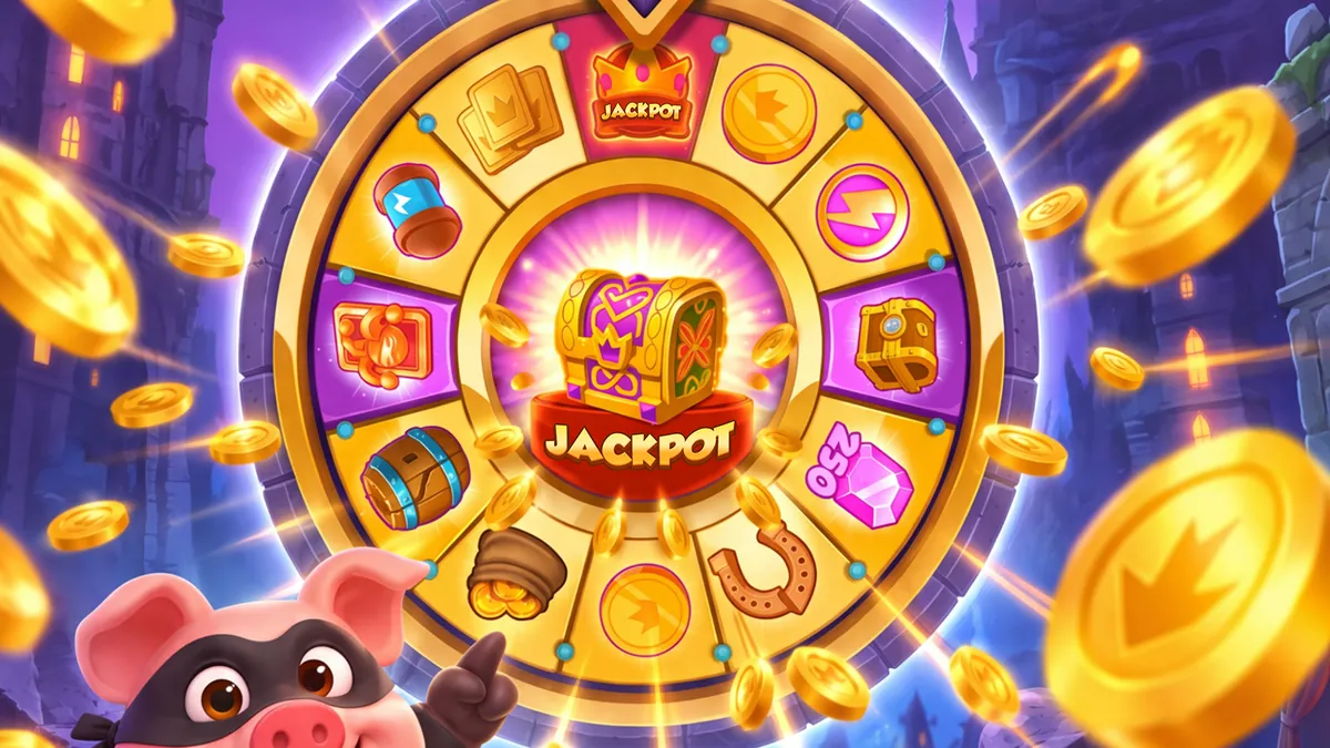 Coin Master : roue dorée avec un coffre Jackpot au centre, entourée de pièces d'or, et un cochon masqué au premier plan