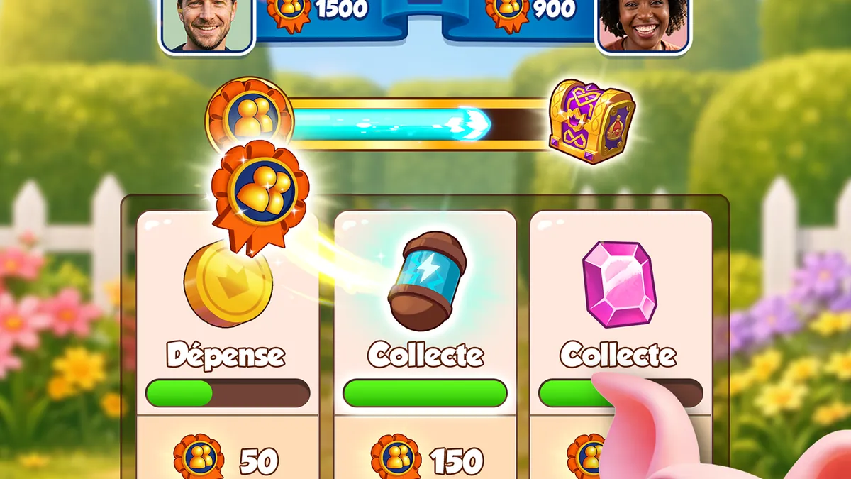 Coin Master : trois cartes de mission Dépense et Collecte avec une pièce, une capsule de Tours et une gemme, sous une barre de progression vers un coffre