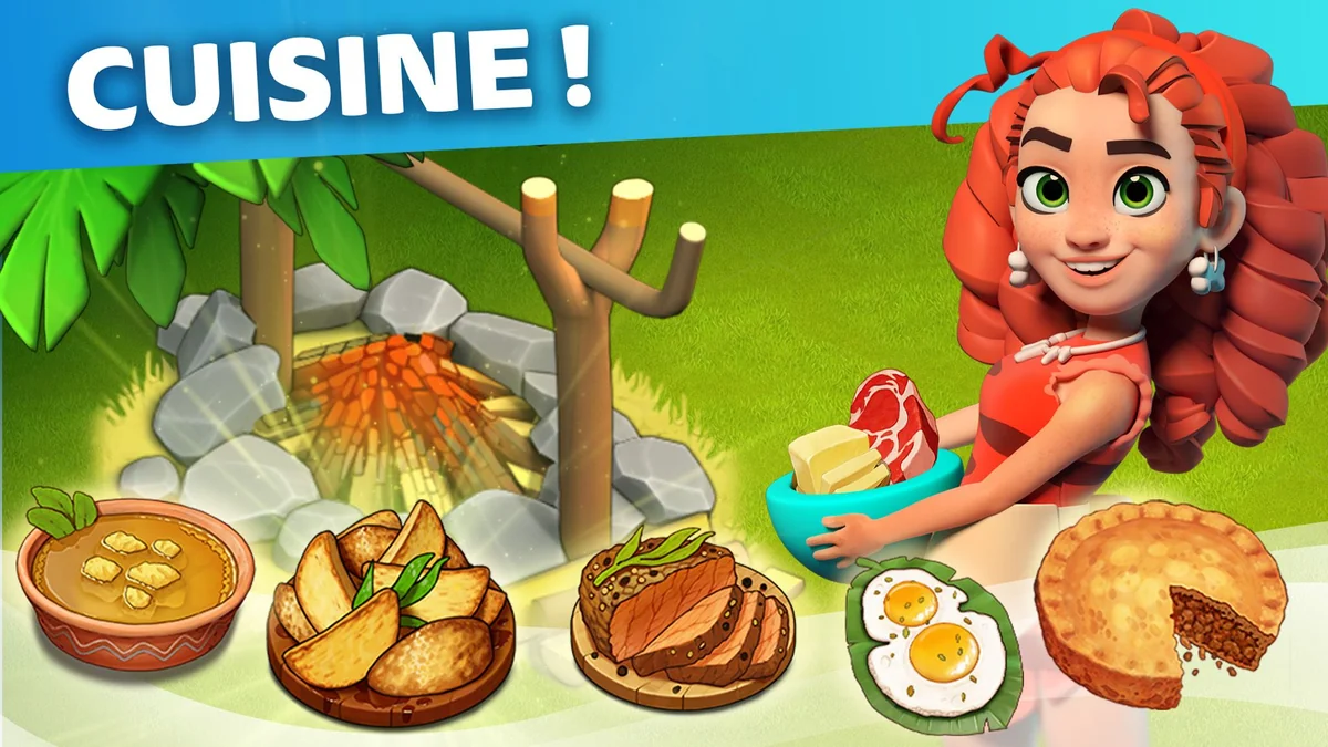 Family Island : une habitante de l'île présente un plateau près d'un feu de camp entouré de plats, de soupe et de tourtes, sous le titre Cuisine
