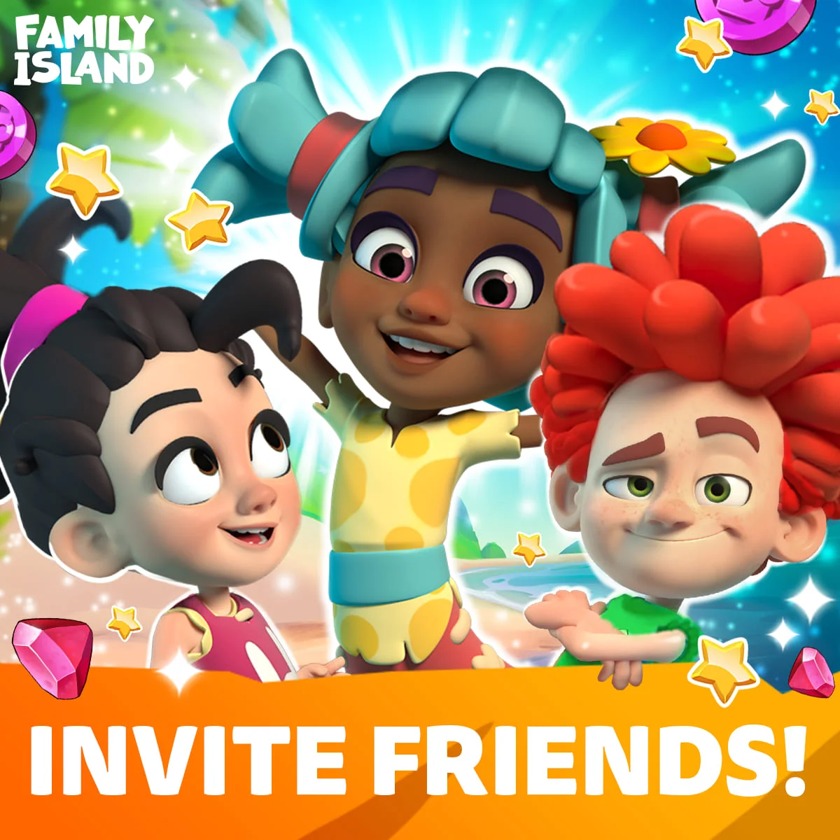Visuel officiel Family Island : trois enfants souriants entourés de rubis, sous le titre Invite friends