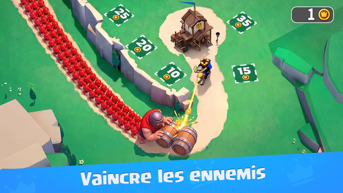 Kingshot : colonne d'ennemis rouges sur un chemin menant à une tour de défense