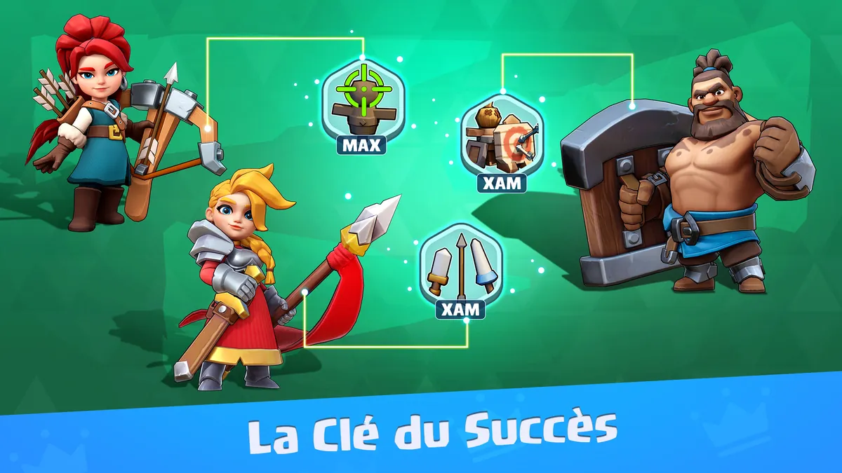 Kingshot : trois héros reliés à des symboles de compétences marqués MAX