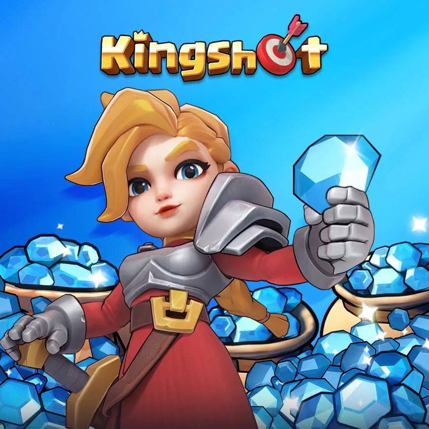Visuel officiel de Kingshot : une héroïne en armure tient une gemme devant des sacs remplis de gemmes bleues