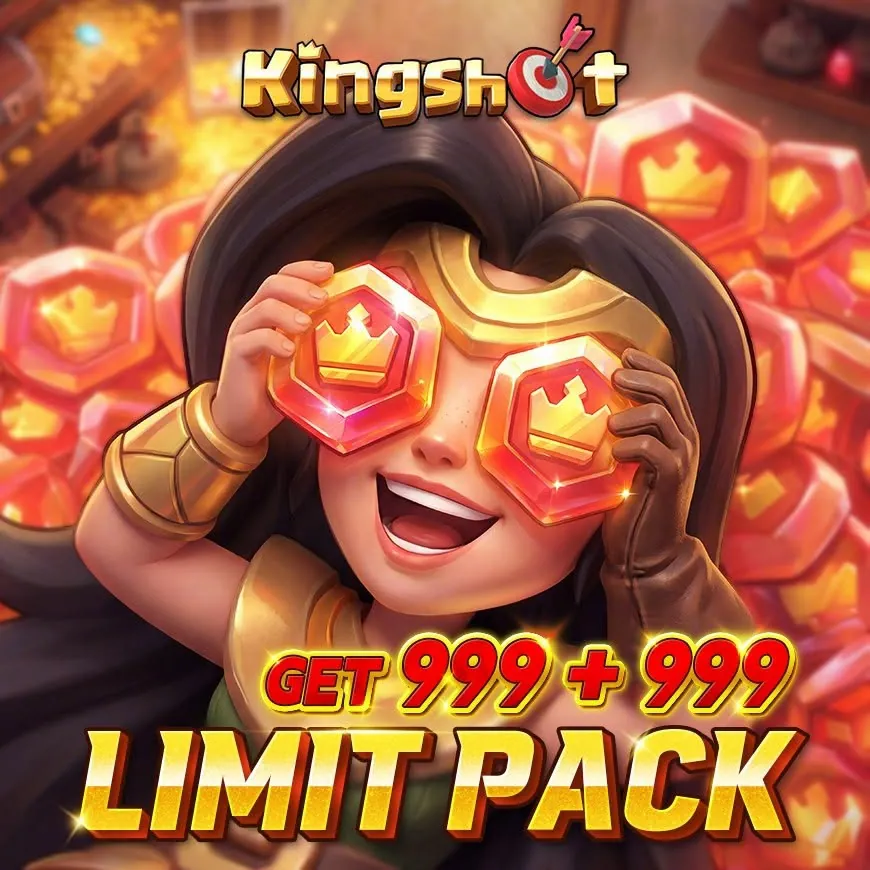 Visuel officiel Kingshot : personnage devant une montagne de jetons rouges, texte Get 999 + 999 Limit Pack