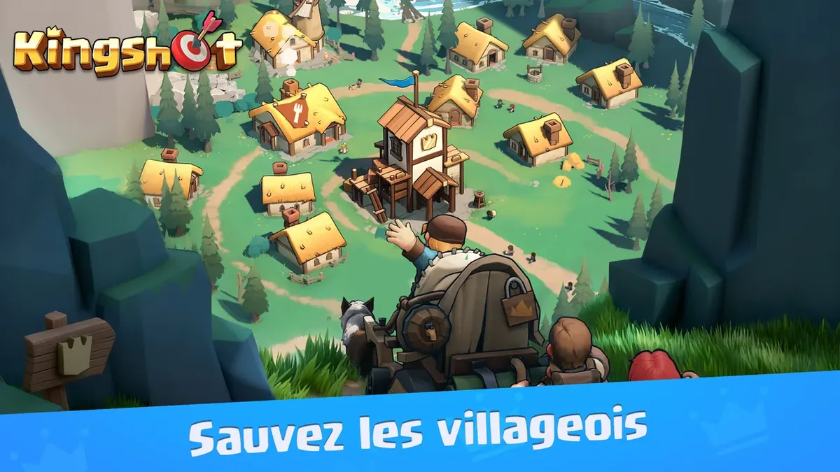 Kingshot : village de maisons en bois, un homme avec une charrette au premier plan, logo du jeu