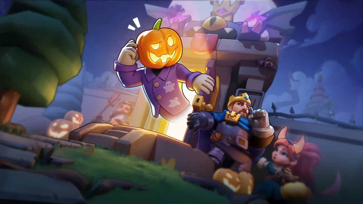 Kingshot : personnage à tête de citrouille et héros dans une scène nocturne d'Halloween