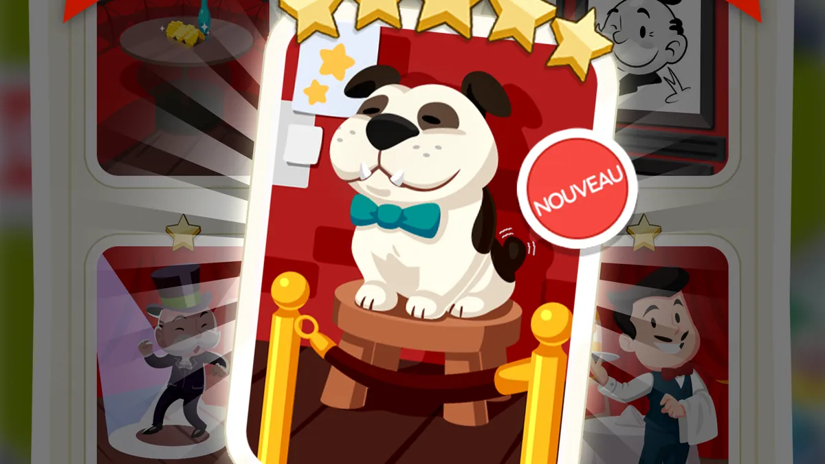 Monopoly GO : carte d'autocollant avec un chien sur un piédestal et la mention Nouveau