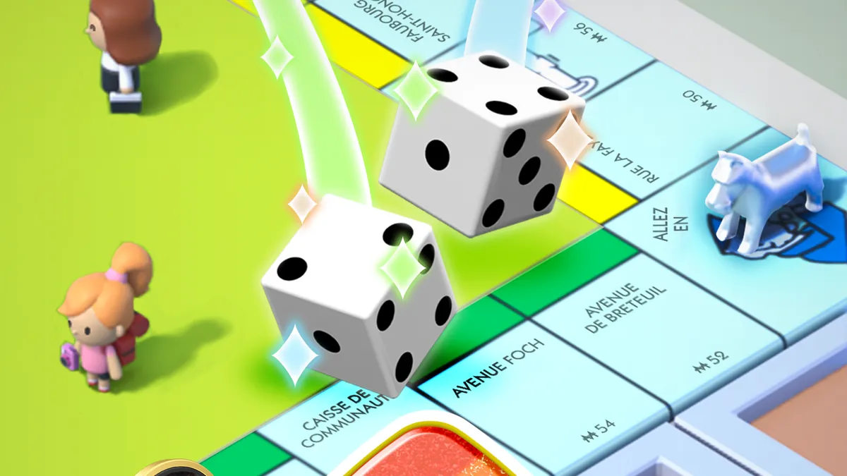 Monopoly GO : deux dés blancs roulent sur le plateau, près de l'avenue Foch et de la case Caisse de communauté