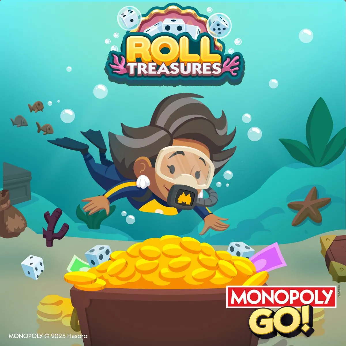 Visuel officiel Monopoly GO Roll Treasures : un plongeur au-dessus d'un coffre débordant de pièces d'or, avec des dés