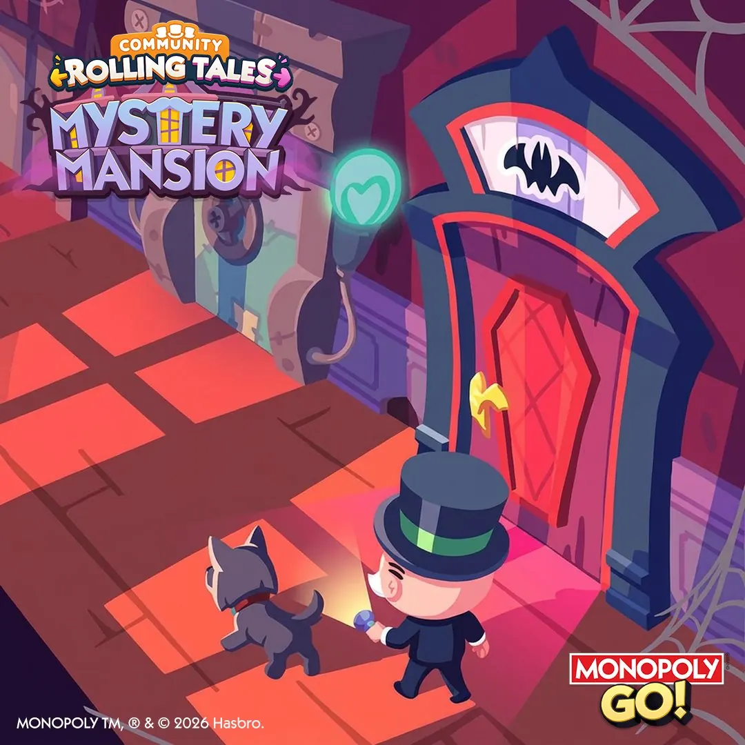 Visuel Monopoly GO Rolling Tales Mystery Mansion : un personnage en haut-de-forme et un chat devant la porte d'un manoir