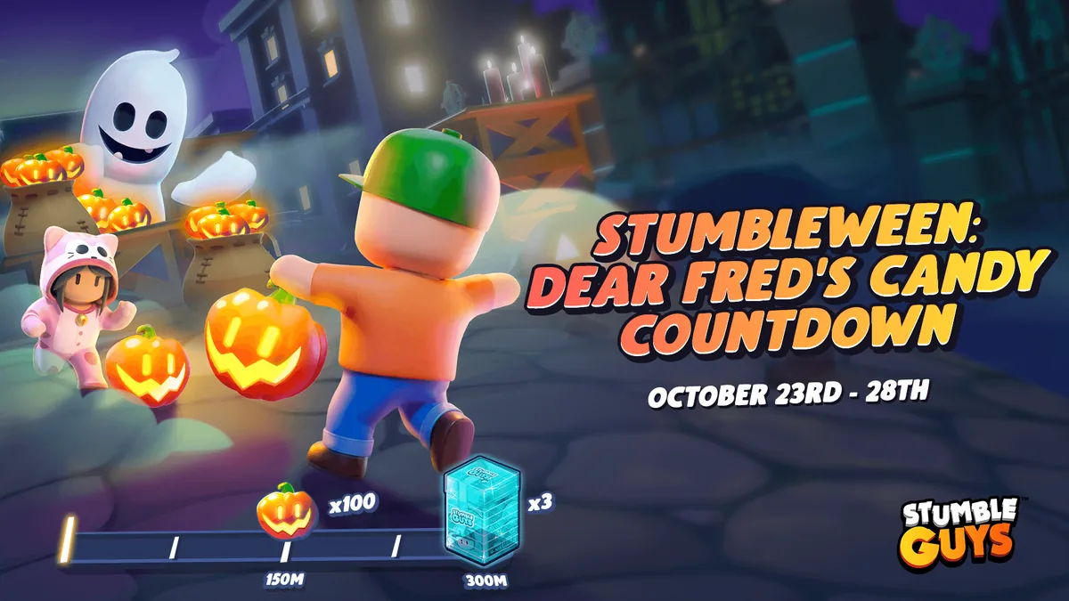 Visuel officiel Stumble Guys : Stumbleween, Dear Fred's Candy Countdown du 23 au 28 octobre, fantôme et citrouilles