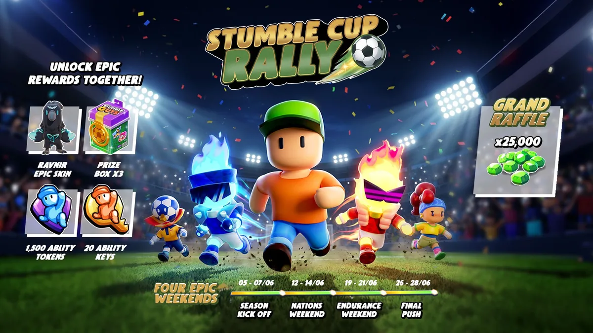 Visuel officiel Stumble Guys : Stumble Cup Rally, encart Grand Raffle avec un tas de Gemmes vertes et la mention x25,000