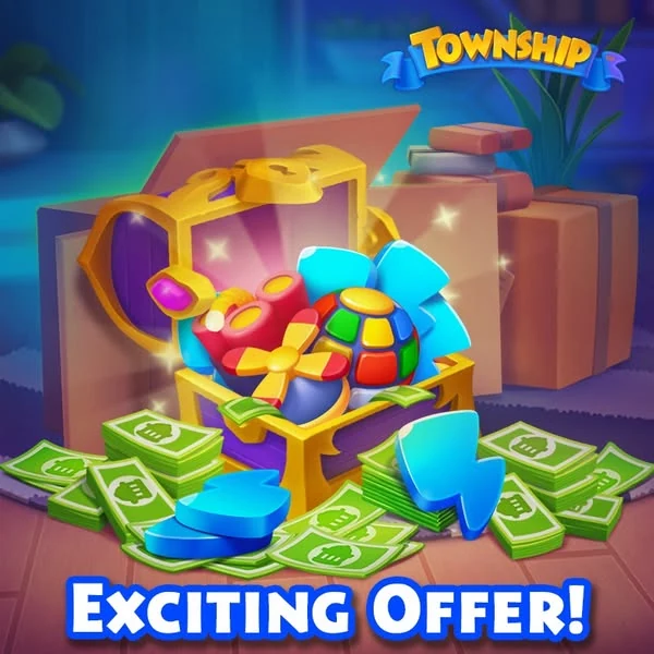 Visuel officiel Township : coffre ouvert rempli de bonus, entouré de liasses de billets verts, texte Exciting Offer!