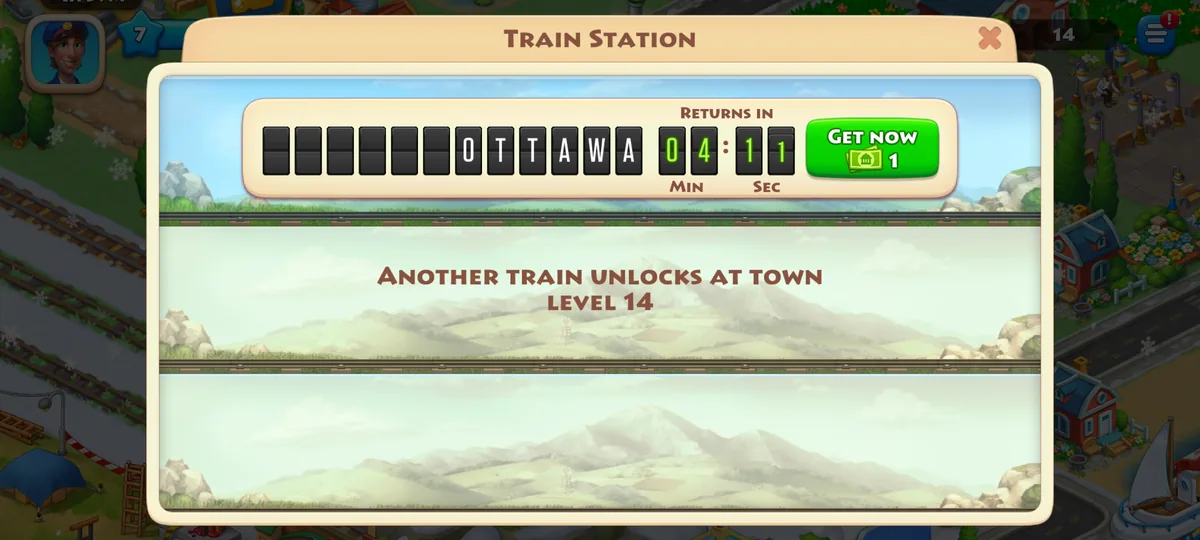 Township : fenêtre de la gare avec un compte à rebours et un bouton Get now pour 1 billet