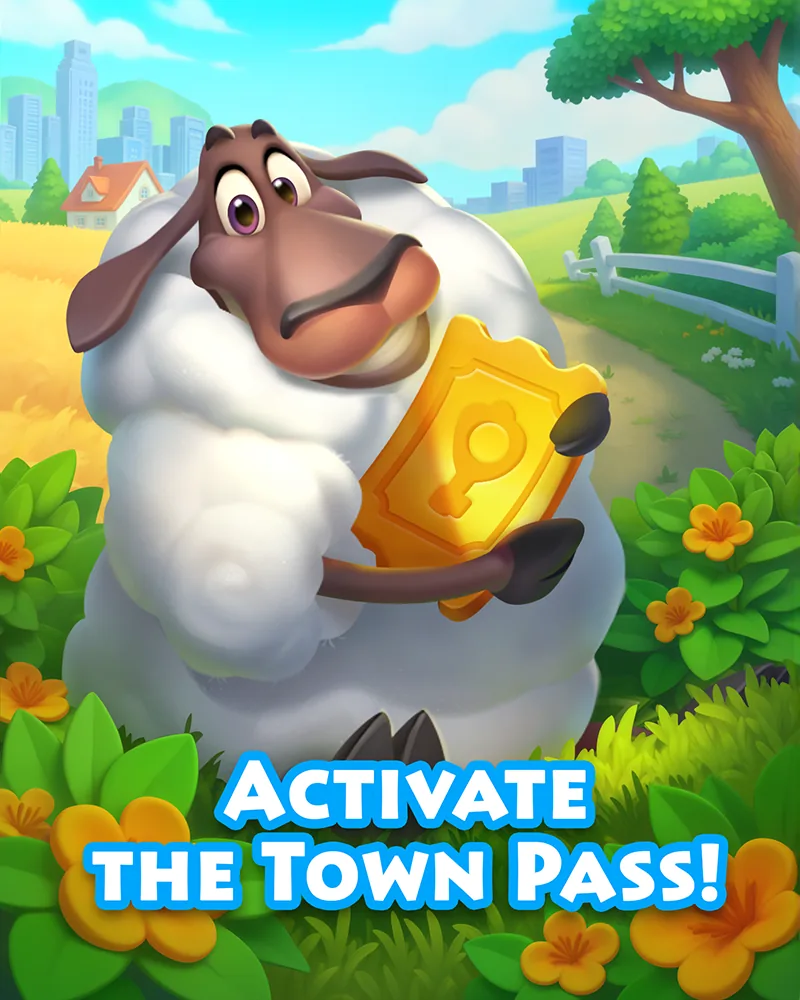 Visuel Township : un mouton tient un ticket doré, texte Activate the Town Pass!