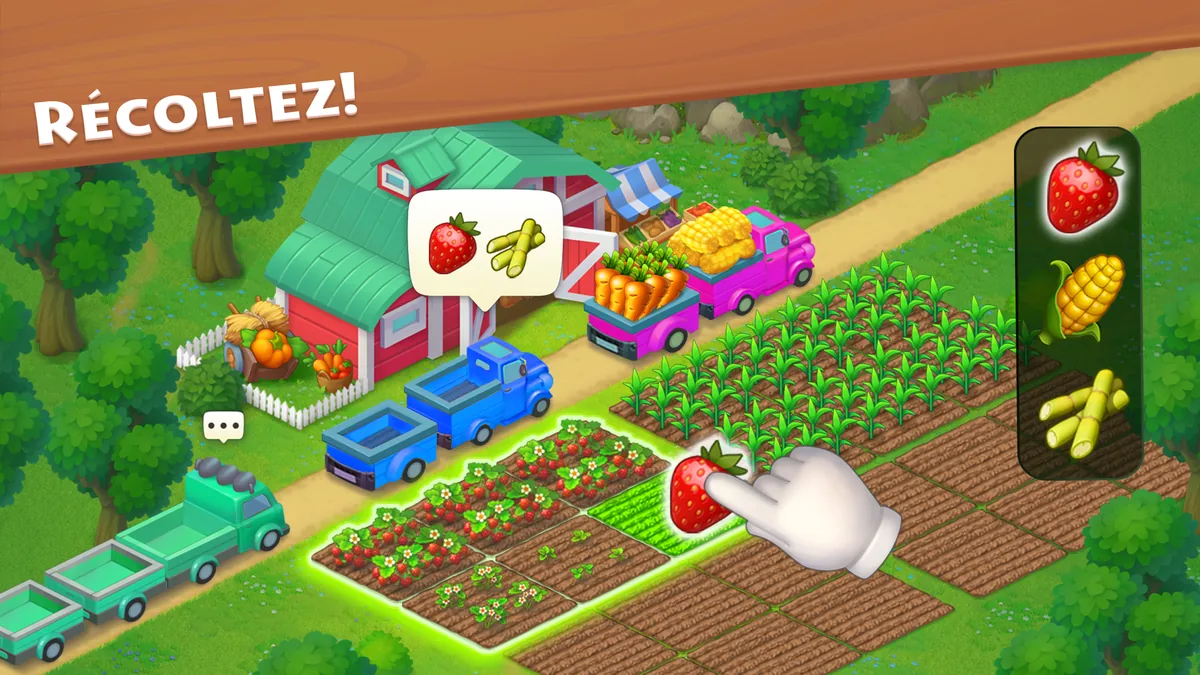 Township : champs de légumes devant une grange rouge, une main qui récolte, texte Récoltez