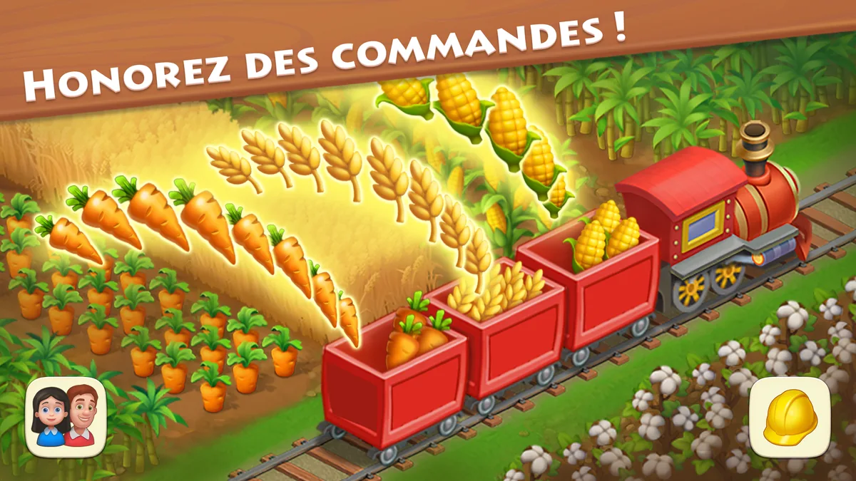 Township : train chargé de carottes, de maïs et de blé, texte Honorez des commandes