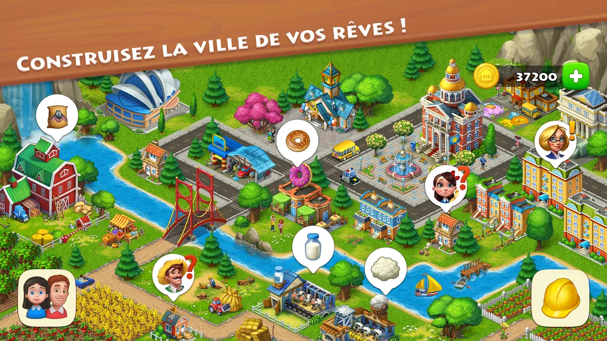 Township : vue d'une ville avec maisons, usines, rivière et champs, texte Construisez la ville de vos rêves