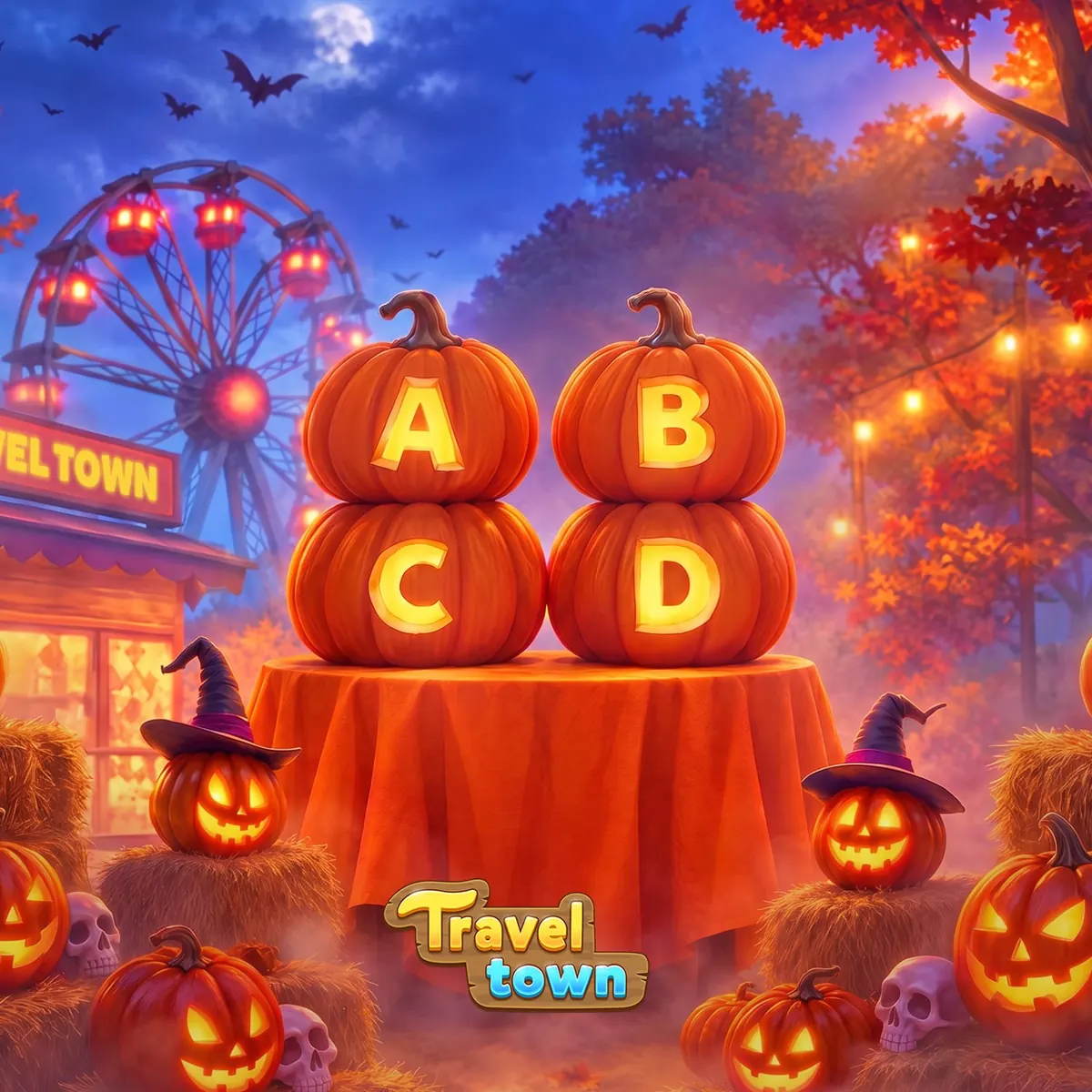 Visuel Travel Town : quatre citrouilles marquées A, B, C et D sur une table, devant une grande roue