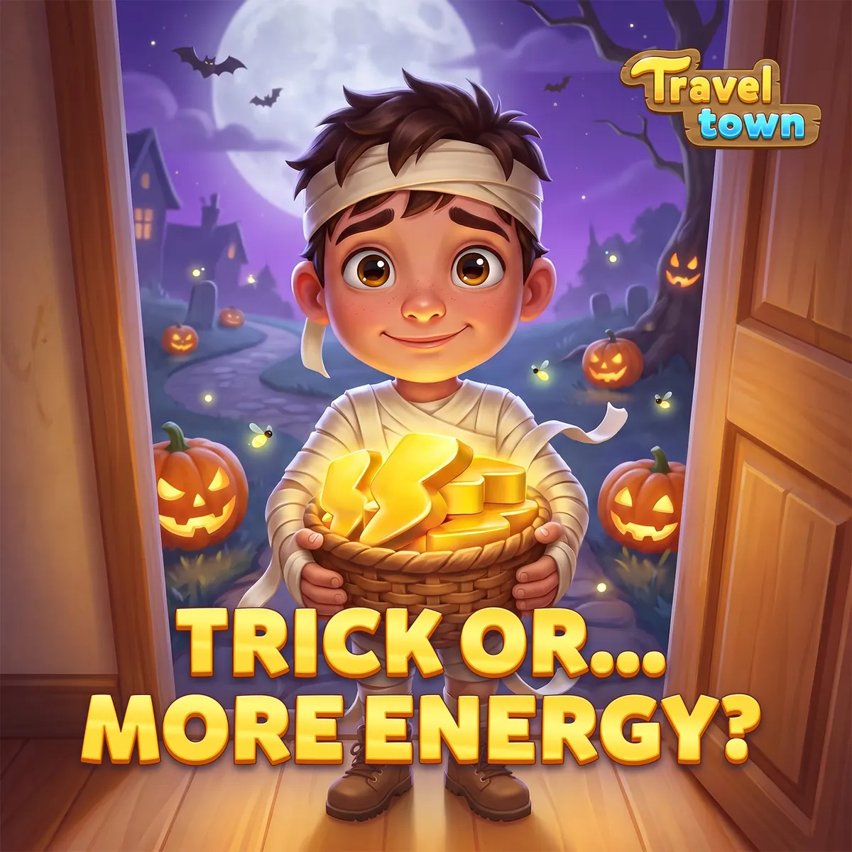 Visuel officiel Travel Town : un garçon déguisé en momie tient un panier rempli d'éclairs d'énergie dorés, sous le titre Trick or more energy