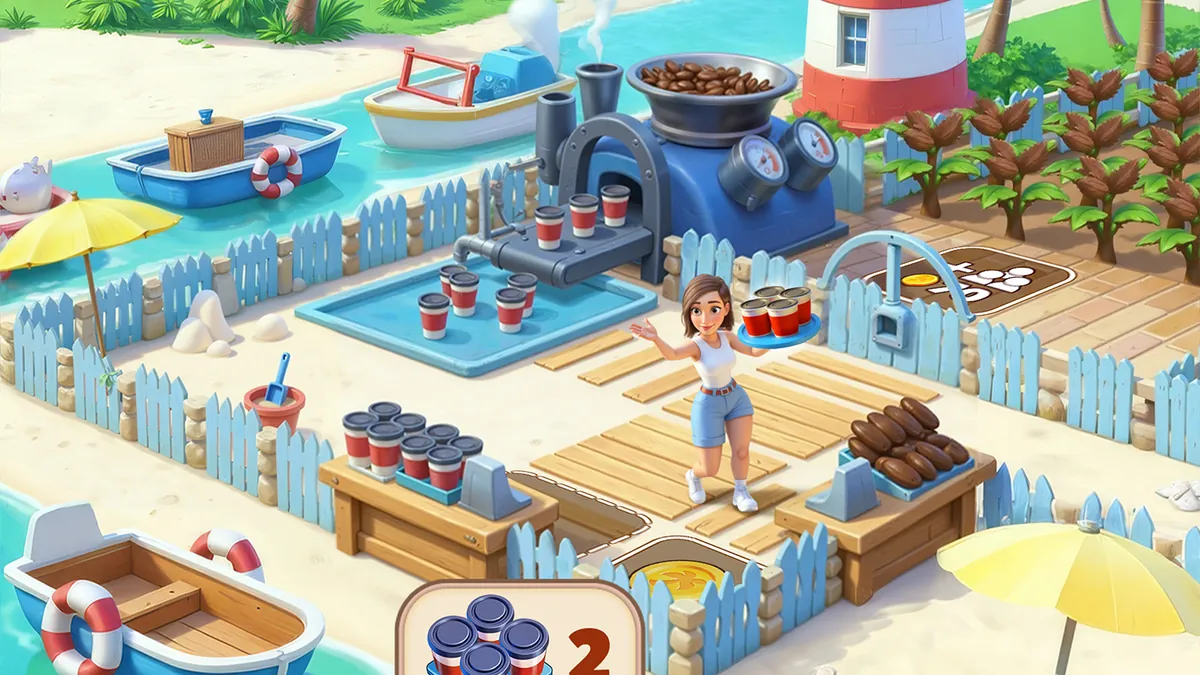 Travel Town : une habitante porte un plateau de gobelets près d'une machine à café, sur un quai avec phare, bateaux et parasols